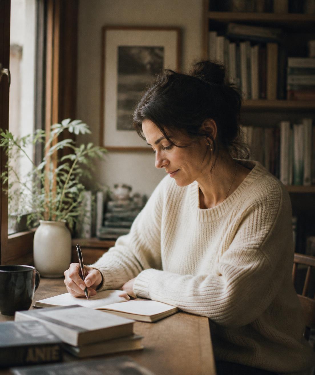 Nadia Ferrante writing her weekly review at her desk