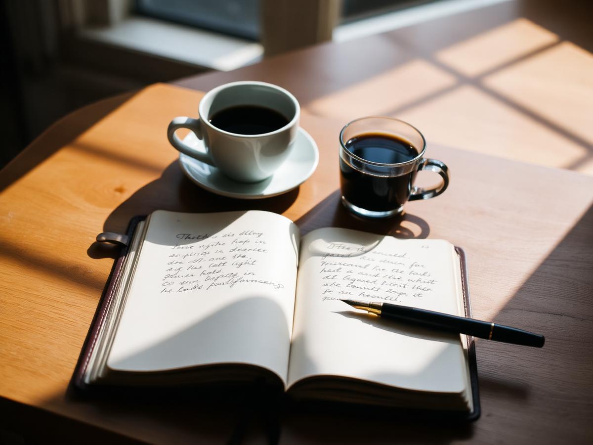Open journal and coffee on a desk in morning light